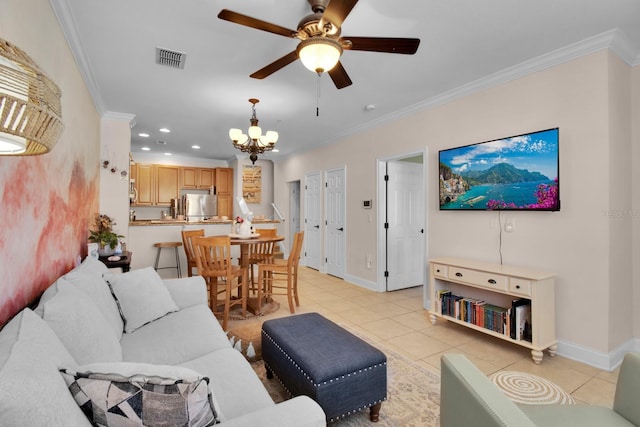 2840 Bella Vista Dr, Davenport, FL 33897 - living room featuring ceiling fan with notable chandelier, visible vents, light tile patterned floors, and crown molding