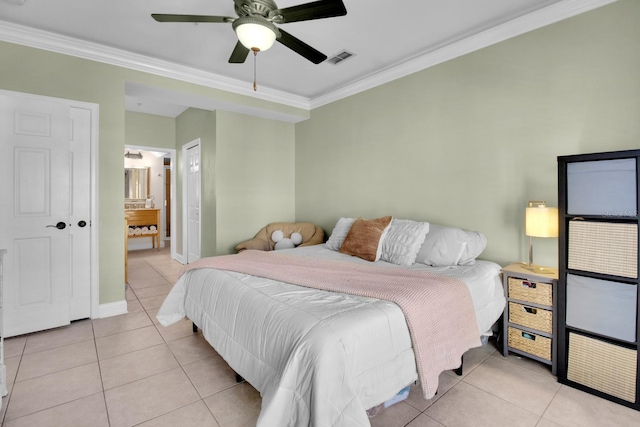 2840 Bella Vista Dr, Davenport, FL 33897 - bedroom featuring light tile patterned flooring, baseboards, visible vents, a ceiling fan, and crown molding