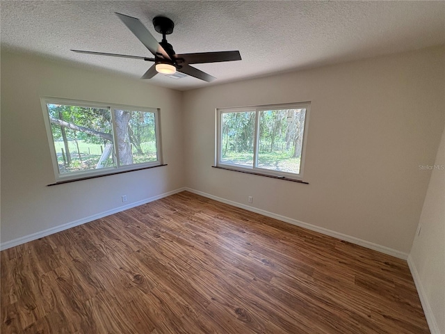 spare room featuring plenty of natural light, wood finished floors, and a textured ceiling