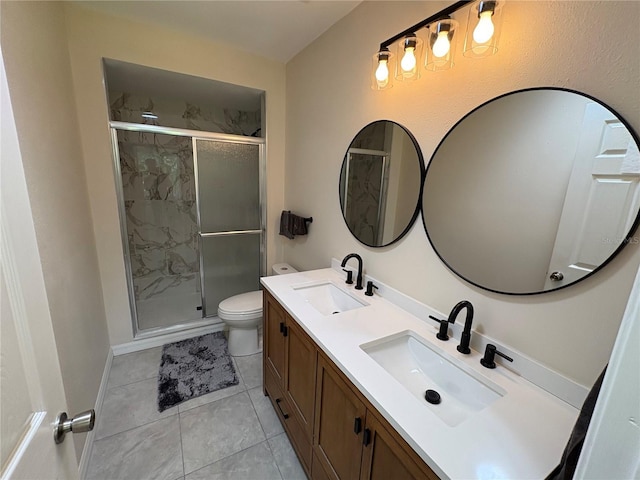full bath featuring tile patterned flooring, a sink, double vanity, and a stall shower