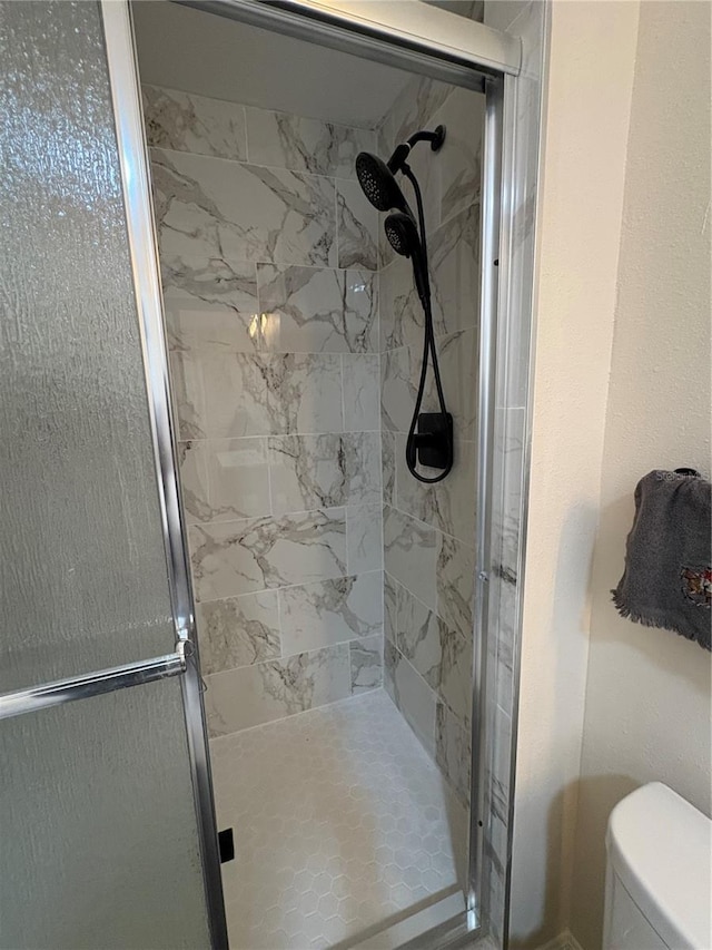 bathroom with toilet and a stall shower