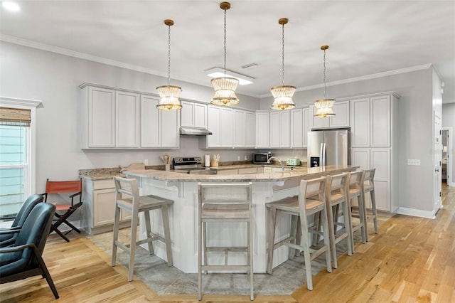 kitchen featuring stainless steel appliances, a large island with sink, under cabinet range hood, and light wood-style floors