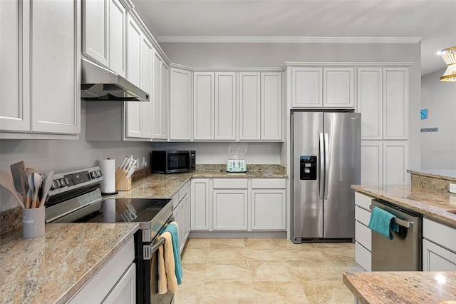 kitchen featuring light stone counters, under cabinet range hood, ornamental molding, and stainless steel appliances