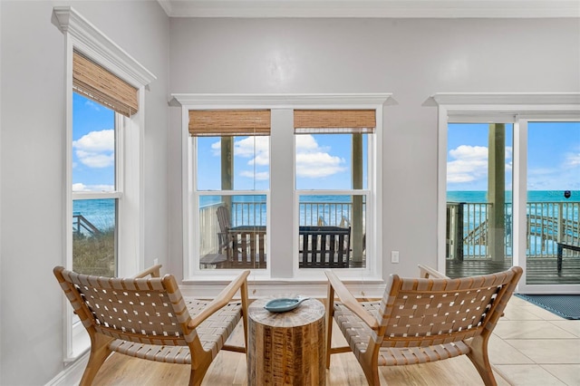 interior space featuring a healthy amount of sunlight, tile patterned flooring, and a water view