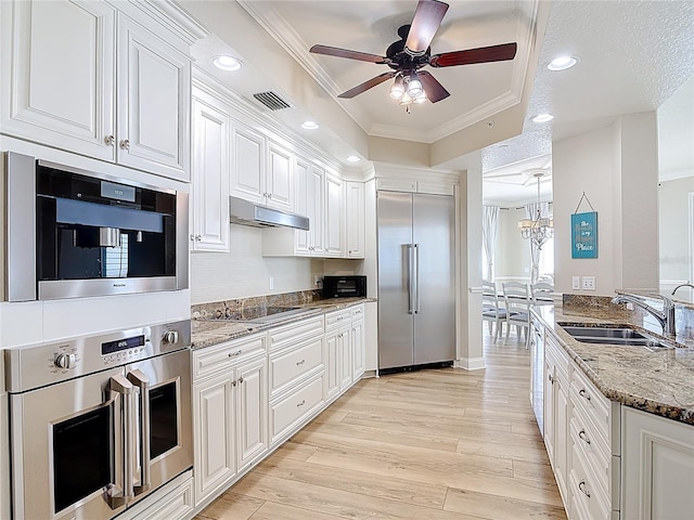 4071 S Atlantic Ave Unit 803, New Smyrna Beach, FL 32169 - kitchen featuring stainless steel appliances, a raised ceiling, a sink, under cabinet range hood, and a ceiling fan