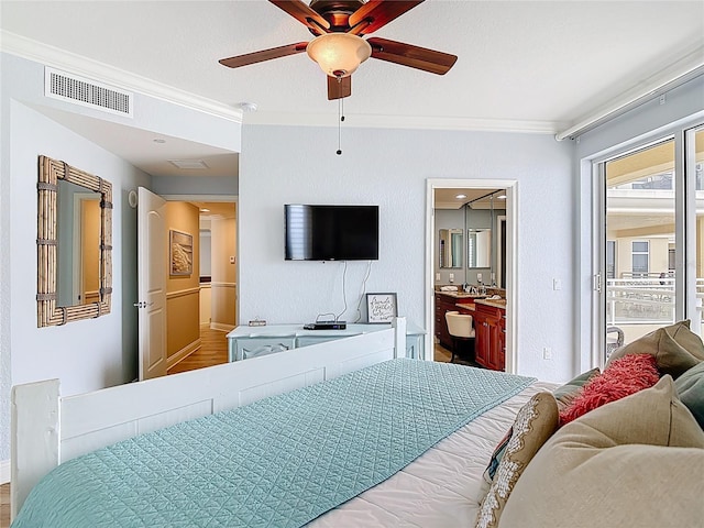 4071 S Atlantic Ave Unit 803, New Smyrna Beach, FL 32169 - bedroom with crown molding, ensuite bath, ceiling fan, access to exterior, and wood finished floors
