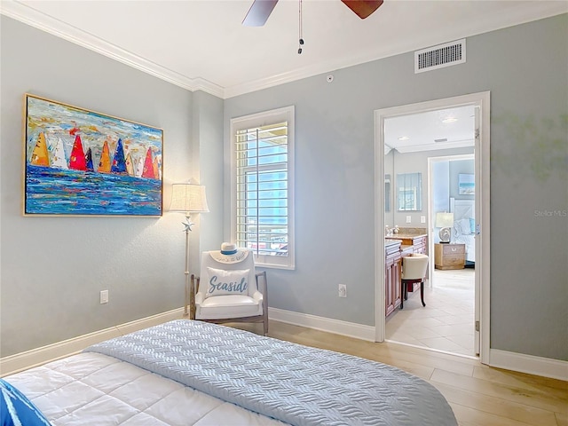 4071 S Atlantic Ave Unit 803, New Smyrna Beach, FL 32169 - bedroom featuring ornamental molding, baseboards, light wood-type flooring, and ceiling fan