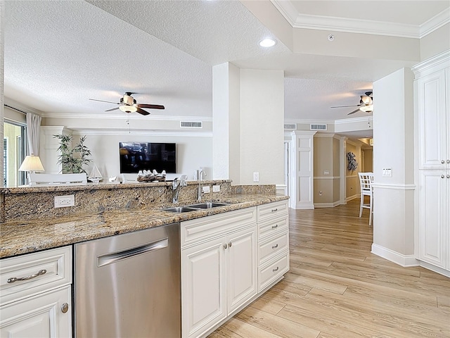 4071 S Atlantic Ave Unit 803, New Smyrna Beach, FL 32169 - kitchen featuring stainless steel dishwasher, a ceiling fan, a sink, ornamental molding, and light wood-type flooring
