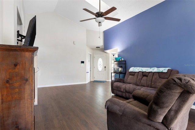 living area with high vaulted ceiling, ceiling fan, baseboards, and dark wood-style flooring