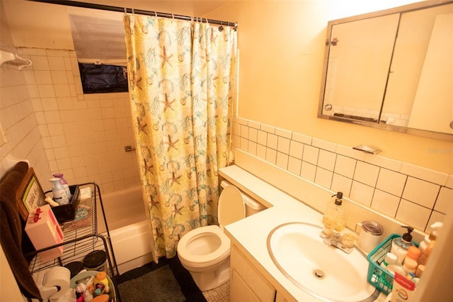 bathroom featuring shower / bath combo, toilet, tile walls, tile patterned flooring, and vanity