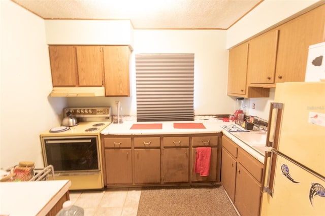 kitchen featuring under cabinet range hood, a textured ceiling, white appliances, and light countertops