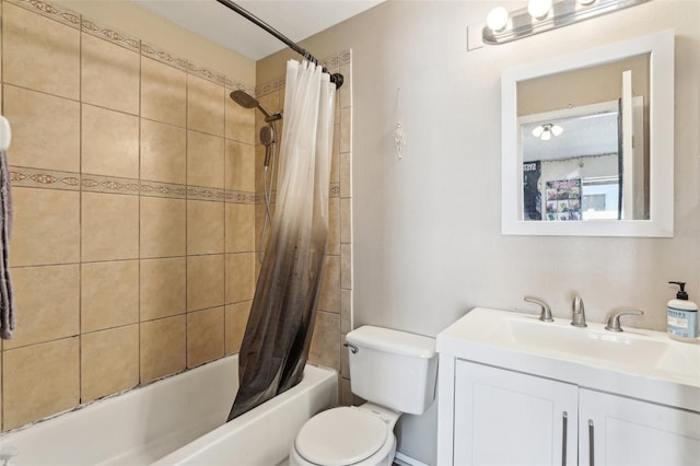 bathroom featuring shower / tub combo, vanity, and toilet