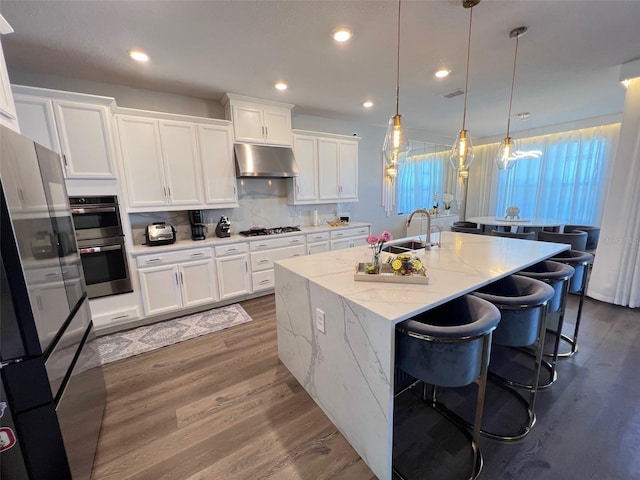 2926 Crest Wave Dr, Clermont, FL 34711 - kitchen with under cabinet range hood, appliances with stainless steel finishes, a sink, dark wood-style floors, and white cabinetry
