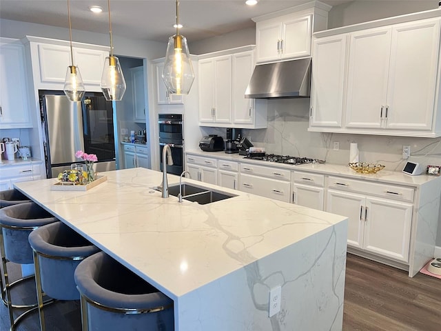 2926 Crest Wave Dr, Clermont, FL 34711 - kitchen with appliances with stainless steel finishes, under cabinet range hood, a sink, recessed lighting, and a kitchen island with sink