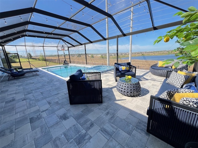 2926 Crest Wave Dr, Clermont, FL 34711 - view of patio featuring a water view, an outdoor pool, an outdoor hangout area, and glass enclosure