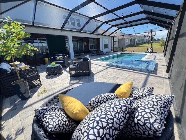 2926 Crest Wave Dr, Clermont, FL 34711 - swimming pool featuring outdoor lounge area, a patio area, outdoor dining space, and glass enclosure