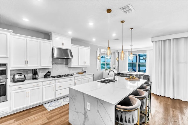 2926 Crest Wave Dr, Clermont, FL 34711 - kitchen with a sink, under cabinet range hood, light wood-type flooring, an island with sink, and white cabinetry