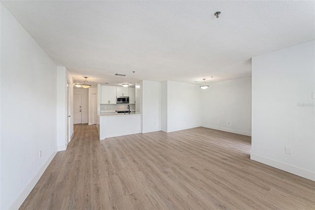 11901 4th St N Unit 2107, Saint Petersburg, FL 33716 - unfurnished living room featuring light wood-style floors, baseboards, a sink, and a textured ceiling