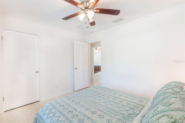 bedroom featuring visible vents and ceiling fan