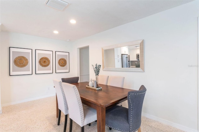 dining room featuring visible vents, speckled floor, recessed lighting, and baseboards