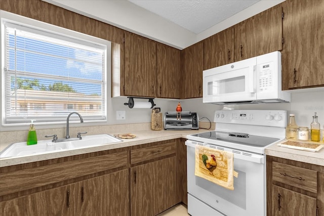 kitchen with a toaster, light countertops, a sink, white appliances, and a textured ceiling