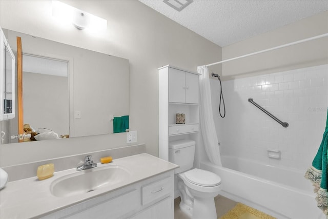 full bath with shower / bath combination with curtain, vanity, a textured ceiling, and toilet