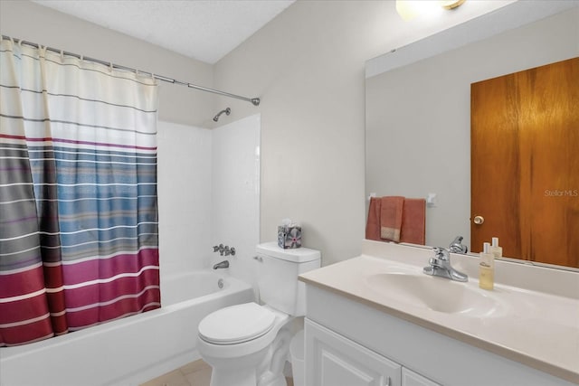 full bathroom featuring shower / tub combo, toilet, vanity, and tile patterned flooring