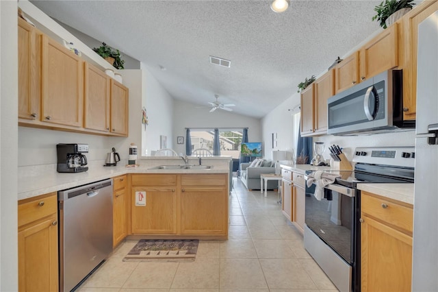 166 Laurel Ridge Pass, Davenport, FL 33897 - kitchen with a peninsula, appliances with stainless steel finishes, vaulted ceiling, a sink, and a textured ceiling