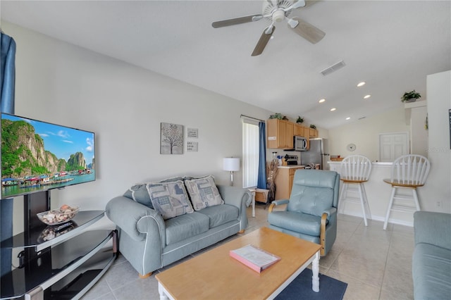 166 Laurel Ridge Pass, Davenport, FL 33897 - living area with recessed lighting, light tile patterned floors, vaulted ceiling, visible vents, and a ceiling fan