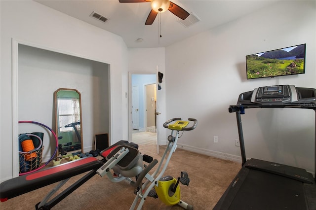 690 Cascading Creek Ln, Winter Garden, FL 34787 - exercise room featuring baseboards, a ceiling fan, carpet flooring, and visible vents