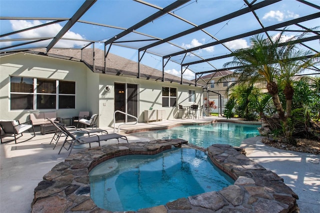 690 Cascading Creek Ln, Winter Garden, FL 34787 - outdoor pool with a patio, an in ground hot tub, a lanai, and an outdoor hangout area