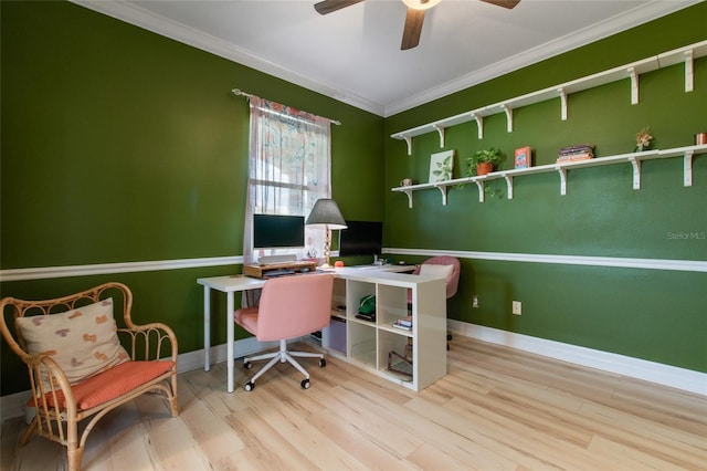 690 Cascading Creek Ln, Winter Garden, FL 34787 - home office featuring baseboards, ornamental molding, ceiling fan, and wood finished floors