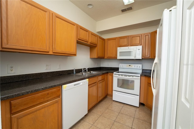 2434 Temple Grove Ln, Kissimmee, FL 34741 - kitchen with a sink, light tile patterned flooring, dark countertops, visible vents, and white appliances