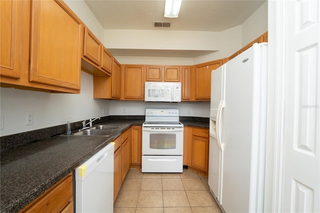 2434 Temple Grove Ln, Kissimmee, FL 34741 - kitchen with a sink, dark countertops, visible vents, white appliances, and light tile patterned floors