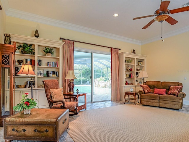 2266 12th St, Vero Beach, FL 32960 - sitting room with ceiling fan, crown molding, visible vents, and recessed lighting