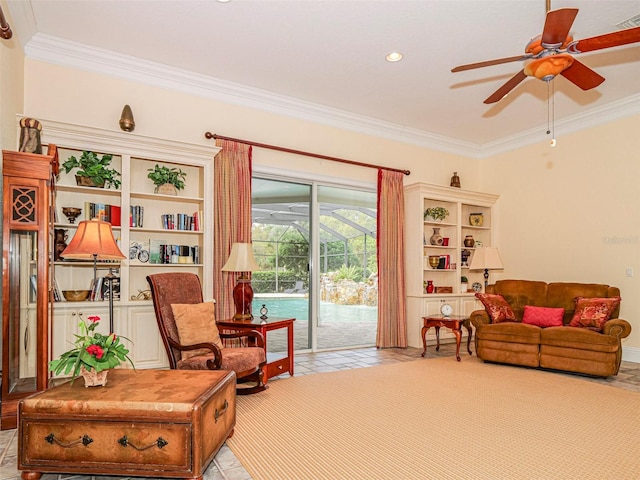 2266 12th St, Vero Beach, FL 32960 - living area with light tile patterned floors, a ceiling fan, and ornamental molding
