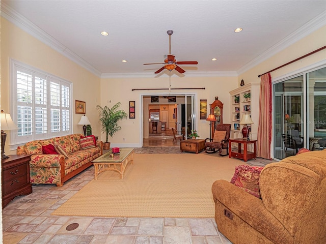 2266 12th St, Vero Beach, FL 32960 - living area with stone tile flooring, a ceiling fan, crown molding, and recessed lighting
