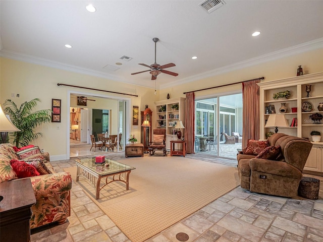 2266 12th St, Vero Beach, FL 32960 - living area with visible vents, crown molding, and ceiling fan