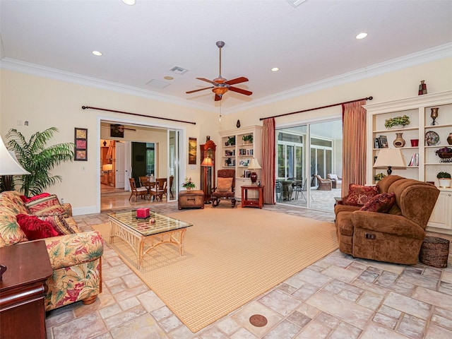 2266 12th St, Vero Beach, FL 32960 - living room featuring a ceiling fan, ornamental molding, stone finish floor, visible vents, and recessed lighting