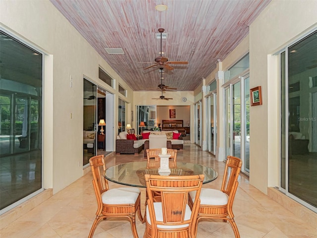 2266 12th St, Vero Beach, FL 32960 - dining room featuring wood ceiling, ceiling fan, visible vents, and light tile patterned floors