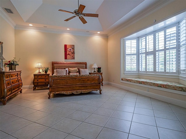 2266 12th St, Vero Beach, FL 32960 - bedroom featuring crown molding, a tray ceiling, visible vents, and light tile patterned floors