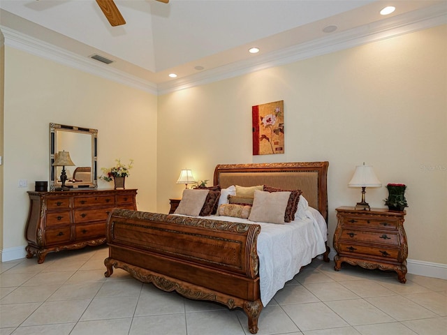 2266 12th St, Vero Beach, FL 32960 - bedroom featuring baseboards, visible vents, recessed lighting, crown molding, and light tile patterned floors