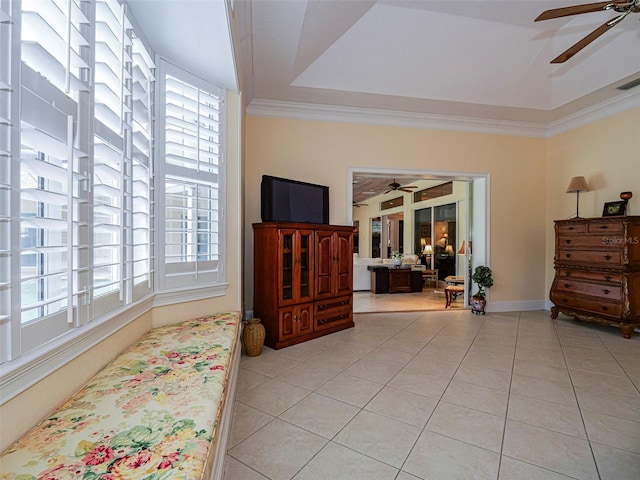 2266 12th St, Vero Beach, FL 32960 - living area with crown molding, ceiling fan, and light tile patterned floors