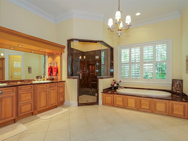 2266 12th St, Vero Beach, FL 32960 - full bath with a bath, a stall shower, ornamental molding, and an inviting chandelier