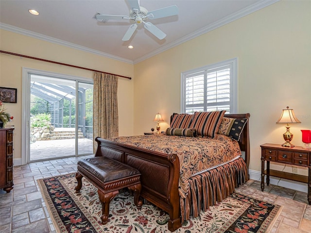 2266 12th St, Vero Beach, FL 32960 - bedroom featuring stone tile floors, baseboards, recessed lighting, access to outside, and crown molding