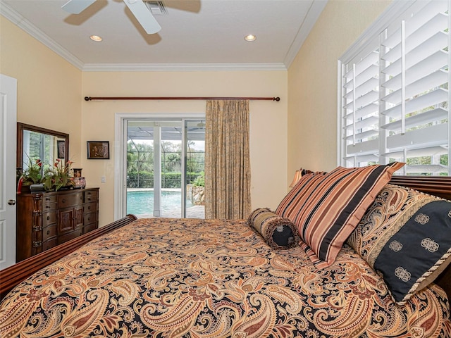 2266 12th St, Vero Beach, FL 32960 - bedroom with ceiling fan, access to outside, crown molding, and visible vents