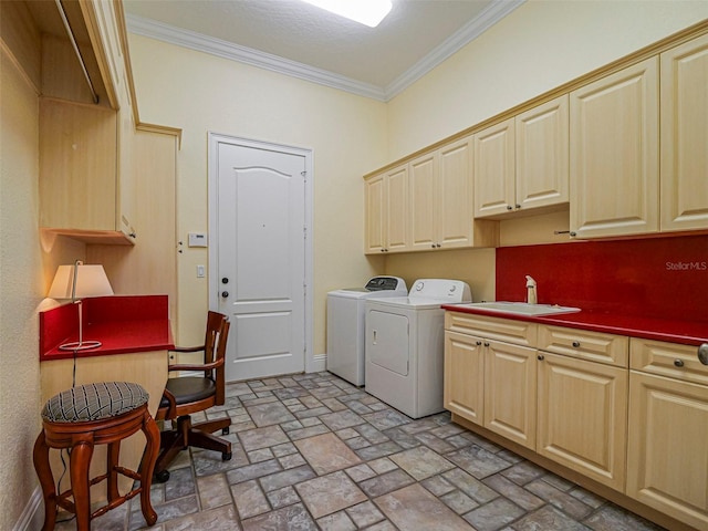 2266 12th St, Vero Beach, FL 32960 - washroom with washer and clothes dryer, a sink, cabinet space, ornamental molding, and stone finish floor