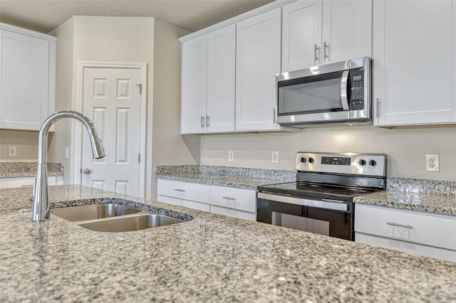 439 Sarah Nicole Way, New Smyrna Beach, FL 32168 - kitchen featuring white cabinetry, light stone countertops, stainless steel appliances, and a sink