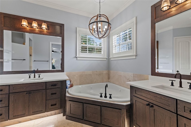 full bath featuring two vanities, a bath, crown molding, and a sink
