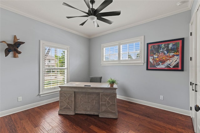 home office featuring baseboards, crown molding, dark wood-style floors, and a ceiling fan